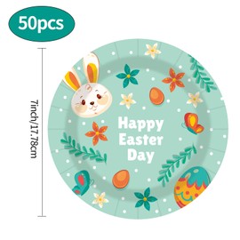 EVYIENEN 50 Pcs Happy Easter Paper Plates,7 inch Green Easter Bunny Dessert Plates for Spring Birthday Party Supplies Table Decorations
