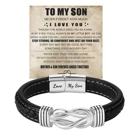 DIOWUS To My Son/Grandson Bracelet From Mom Grandmother, Infinity Knot Black Braided Leather Forever Linked Together Inspirational Bracelet Engraved Love You Forever Birthday Gift Jewelry (SON-3)