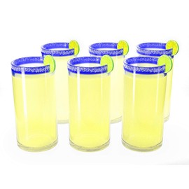 Cobalt Rocks Mexican Hand Blown Glass Pitcher & Glass Set, Mexico Drinking Pitcher & Glasses – Set of 6 Glasses + Carafe Recycled Glasses 14oz and Pitcher 84 Ounces, Lead-free, Toxin-Free (Cobalt)