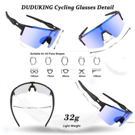 DUDUKING Cycling Glasses, Self-tinting Men Women, Sports Sunglasses, Sports Glasses, Photochromic for Road Bike, MTB, Baseball, Running, TR90 Frame, UV400 Protection (Blue)