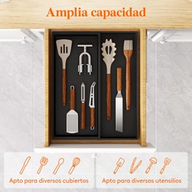 Lifewit Organizador de Cubiertos para Cajon, Bandeja de Cubiertos Expandible de Cocina, Porta de Cubiertos Ajustable, Organizador de Utensilios, Cuchillos, Cucharas, Gadgets, Negro