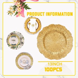 MDH 50 Pcs Gold Charger Plate 13 in Round Matte Reef Plate Charger Ruffled Rim Dinner Charger Hollow out Flower Holde (50)