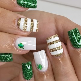 24Pcs St. Patrick's Day Press on Nails Medium Square Fake Nails Shamrock Glue on Nails Green Lucky Clover False Nails Glitter Full Cover Artificial Stick on Nail Irish Acrylic Nails for Women Manicure