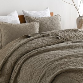 HORIMOTE HOME 100% Linen Front/100% Cotton Back Quilt Set King Size, Olive Green Pre-Washed Flaxen Bedspread Coverlet Set, Diamond Stitch Cotton Linen Bedding Set 3-Piece for All Seasons