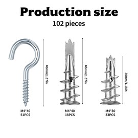 102 Pcs Self Drilling Plasterboard Fixings: 51 Pcs M4 Metal Plasterboard Wall Plugs & 51 Screw Hooks, Raw Plugs for Plaster Board Wall Plugs Drywall Anchors, Screw in Hooks Cup Hooks for Hanging