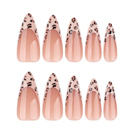 MERVF Press on Nails Long Stiletto, Light Brown Leopard French Tip Fake Nails Glue ons Acrylic Nail Cheetah Design Fall Supplies Glossy 24pcs