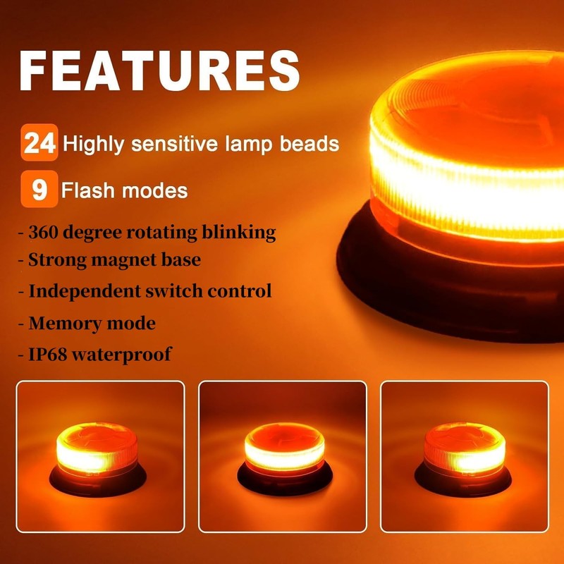 Rechargeable Beacon Lights,Wireless Strobe Light with Remote Control,Amber Magnetic Emergency