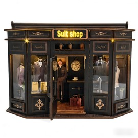 Gosikee Book Nook Kit LED Wooden Miniature Suit Shop, 3D DIY Dollhouse Assembly Model with Crafted Interior, Creative Hobby Building Set for Adults