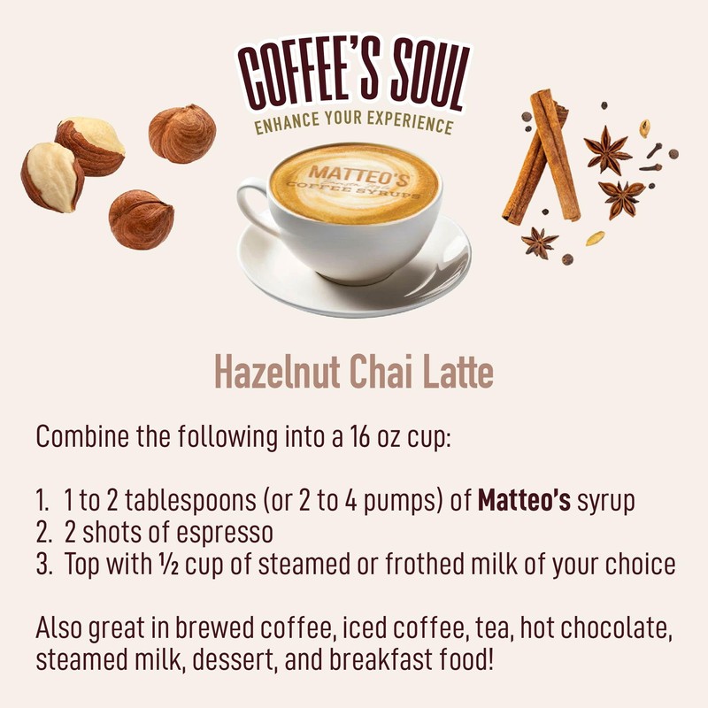 Matteo's Barista Style Sugar-Free Coffee Syrup, Hazelnut Chai Flavor, Zero