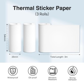 Thermal Paper Non-Adhesive Sticker Paper for Mini Thermal Pocket Printer, Black on White 57 x 25mm, 3-Rolls for Notes Texts Journal Photo and Notebuddy