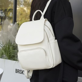 JIANLINST Backpack for Women Girls PU Leather Backpack Purse Ladies Flap Rucksack Casual Daypack White