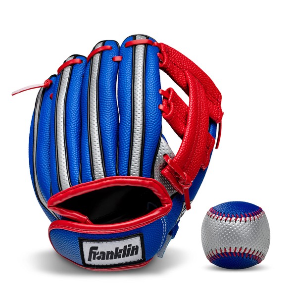 Franklin Sports Kids Baseball Glove + Ball Set - Air Tech Youth Teeball Glove - Boys + Girls Children's Glove + Ball - Right Hand Throw - Red/Blue - 9"