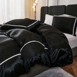 Herside Luxury Black Bedding Set Satin Silk Duvet Cover Set Double Size White Pom Pom Edge Design Reversible Quilt Cover with 2 Satin Pillowcases Easy Care Bedding Set for Boys Adult