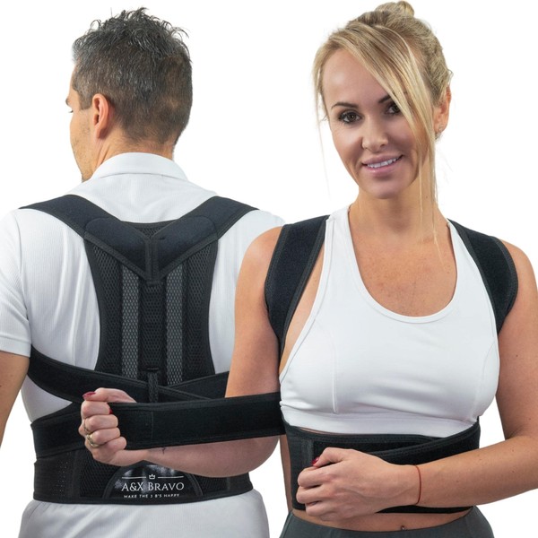 A&X Bravo Posture Corrector for Men and Women, Adjustable Back Straightener for Pain Relief of Neck, Back, Shoulder and Upper Back Support, Women and Back Support Belt, Black - XS