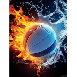 Colorful Water and Fire Volleyball Diamond Art Painting Kits for Adult, Ball Sports 5D Diamond Art for Adults, Round Drill Painting by Diamonds Art and Crafts for Home Wall Decor Gift 12x16 Inch