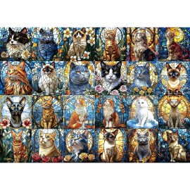 Blueforest 1000 Piece Puzzle for Adults - Stained Glass Cats Mosaic