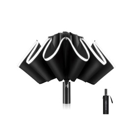 XIXVON Umbrella Pro (10 Ribs, Black) | UPF 50+ 99% UV Protection, Reflective Safety Strip, Sturdy Windproof, Travel Portable, Automatic | Reverse Folding Umbrella