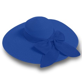Straw Sun Summer Hat for Women, Female Wide Brim UPF 50+ UV Protection Bowknot Cap, Stylish Braid Visor, Ladies Foldable Roll Up Packable Floppy Beach Hat with Windproof Chin Strap, Royal Blue