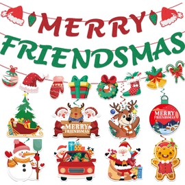 Friendsmas Party Decorations, with 1pcs No DIY Merry Friendsmas Banner and 8pcs Merry Friendsmas Hanging Swirls, Friendsmas Christmas Party Decorations for Winter Xmas Christmas Holiday Party