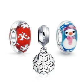 Christmas Snowman Snowflake Murano Glass Mix Set Of 3 Sterling Silver Spacer Dangle Bead Bundle Fit European Charm Bracelet