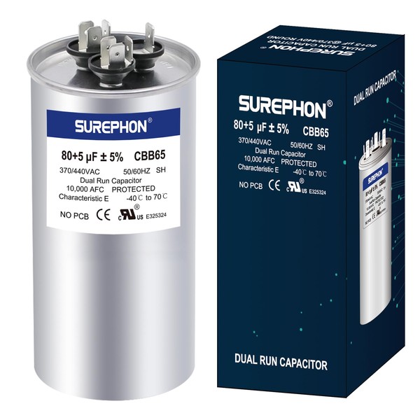 SUREPHON 80+5 uF 80/5 MFD ±5% 370V/440VAC Dual Run Start