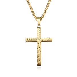 Gold Color, Stainless Steel Cross Necklace For Men - 24 Inch American Flag Cross Necklace, Mens Gold Cross Pendant Chain For Men w/ Plush Velvet Gift Box, Christian Necklace For Men & Boys