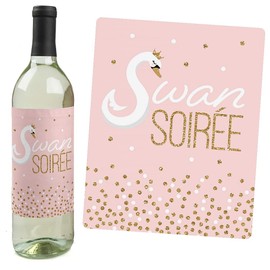 Swan Soiree - White Swan Baby Shower or Birthday Party Decorations for Women and Men - Wine Bottle Label Stickers - Set of 4