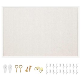 OWLKELA 24'' x 36'' Linen Bulletin Board, White Framed Corkboard, White Oak Frame Linen Cork Board, Vision Board and Decorative Hanging Pin Board