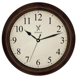 Holzwerk Natural Vintage Retro Wooden Wall Clock Running Quiet Movement without Ticking Noises Brown Almost Silent Handmade Solid Wood Natural 14 Inches 35 cm