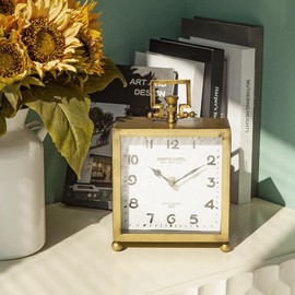 NIKKY HOME Small Gold Table Clock, Silent Non-Ticking Classic Battery Operated Decorative Mantel Desk Shelf Clock for Living Room Decor