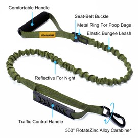 LEADSOM 6FT Highly Reflective Heavy Duty Elastic Bungee Medium and Large Dog Leash Shock Absorbing with Comfortable Padded Handle and Traffic Handle Suitable for Training