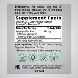 Piping Rock Ashwagandha Capsules 460mg | 120 Count | Herbal Supplement | Non-GMO, Gluten Free