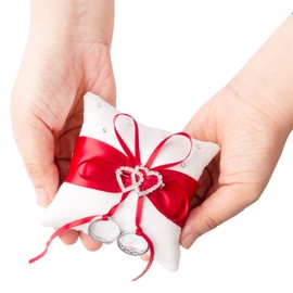 NIERBO Ring Cushion Wedding Cushion Wedding Ring Cushion with Satin Ribbon Ring Cushion Carrier Vintage Ring Holder Wedding Decoration with Double Hearts 10 cm x 10 cm