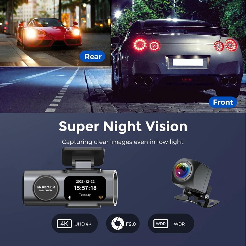 Dash Cam, 4K+1080P Dashcam Front and Rear Cameras, Dash Camera