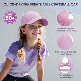 J.Fée Girls Baseball Caps Ponytail Cap, Girls Summer Hat Criss Cross Ponytail Hat Kids Baseball Cap Mesh Breathable Adjustable Quick Drying Summer Hats for Kids, 51.5-54CM, Pink, 1Pc