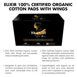 Elixir by Cocó March Certified Organic Cotton Hypoallergenic Pads for Sensitive Skin Chemical Free with Wings- Ultrathin - Plant Based Biodegradable Back Sheet & Wrapper (20 Regular+8 Super)