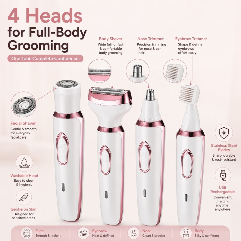 4-in-1 Electric Hair Remover for Face & Body – USB
