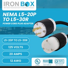 IronBox Electric NEMA L5-20P to L5-30R Plug Adapter Power Cord - 20A, 125V, 12 AWG - UL Listed Power Extension Cable - Heavy Duty Plug and Connector for Generator, RV, Data Centers & More (3ft, Build)