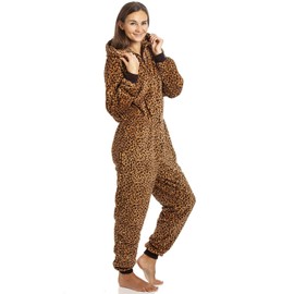 Camille Womens Super Soft Fleece Onesie - Hooded All In One - Long Sleeved and Side Pockets Caramel leopard 18-20