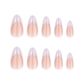MERVF Almond Press on Nails Medium Fake Nails White French Tip Glue on Nails Gold Bow Design Press ons Acrylic Stiletto Valentines False Nails for Women Glossy 24pcs