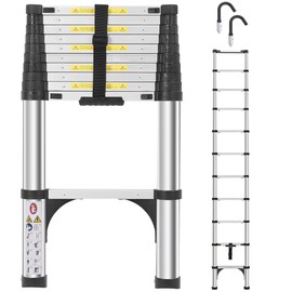 DEZEX Telescoping Ladders 10.5 FT Aluminum Ladder - One-Button Retraction Collapsible Extension Ladder for Home,RV,Attic & Loft, Lasts 330 LBS with 2 Triangle Stabilizers and 2 Detachable Hooks