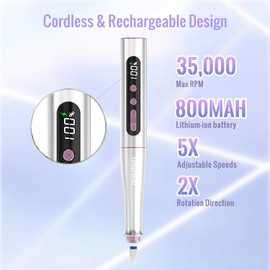 Denabuty Torno para Uñas Profesional 35000 RPM, 12 en 1 Lima Eléctricas Uñas Nail Drill Machine, Kit de Manicura Pedicura Eléctrico Recargable por USB, Velocidad Ajustable para Salón DIY DN-2402