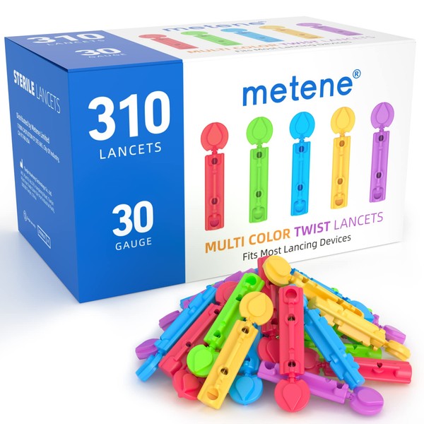 Metene Twist Top Lancets for Lancing Devices, 310 Count, 30 Gauge Sterile Lancets for Blood Sugar Test, Diabetic Lancets, Multicolored