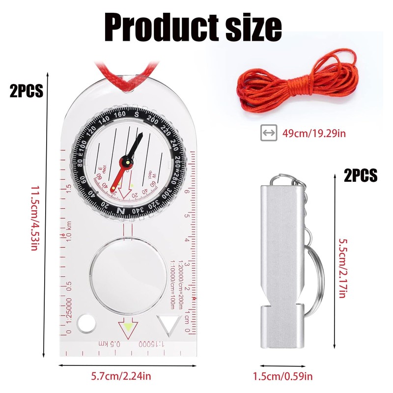 Orientation Compass, Compass Hiking, 2 Compass Set with 2 Whistles,