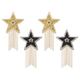 PATIKIL Star Rhinestone Patches, 4 Pcs Star Shape Iron on Applique Patches Rhinestone Applique Glitter Crystal Patches with Tassel for Shoes Clothes Pants Bags, Gold Tone/Black