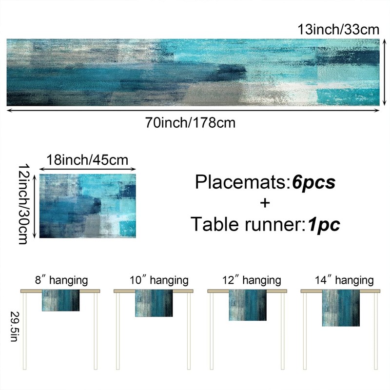 TQFZP Teal Blue Abstract Table Runner and Place Mats Set