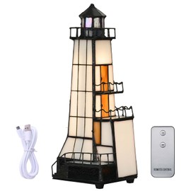 Bieye L10779 Lighthouse Tiffany Style Stained Glass Accent Table Lamp Night Light with Lookout Platform for Home Decoration (4x6x11, Brown)
