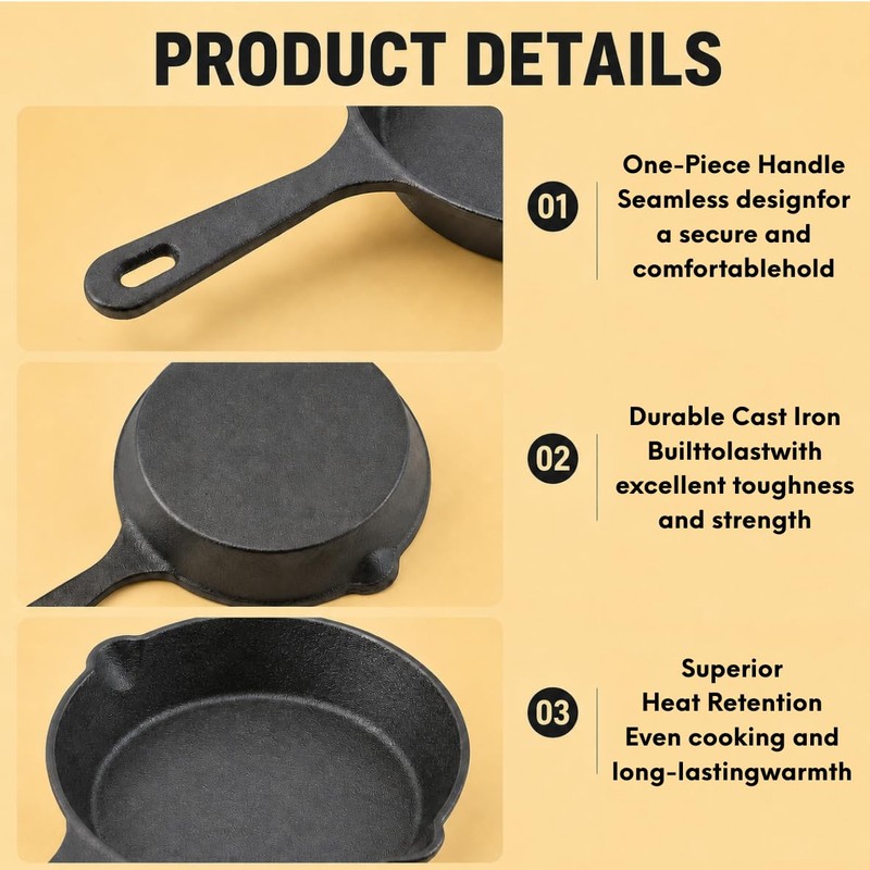 Cptoion 4 Pack Cast Iron Skillet, Small