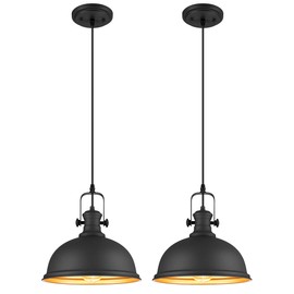 Audickic 2-Pack Pendant Lights Kitchen Island, Farmhouse Hanging Lights Fixtures with Metal Shade, Rustic Kitchen Pendant Lighting Over Island for Dining Room, Matte Black, AD-2151-1P2L-BK