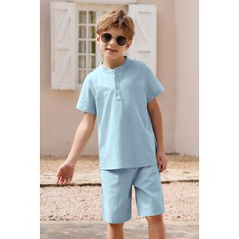 Arshiner Boy 2 Piece Linen Set Beach Shorts Outfit Henley Tee Shirt and Short Light Blue Size 14